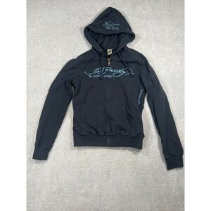Ed Hardy Womens Black Koi Fish Graphic Full Zip Hoodie Christian Audigier Size M